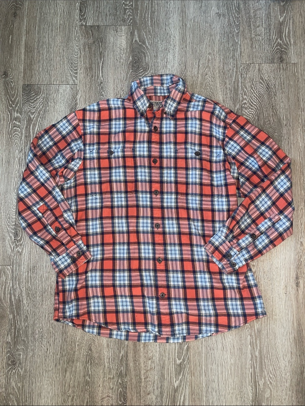 Duluth Men's Plaid flannel Button-Up Shirt in Orange and Blue 100% cotton large